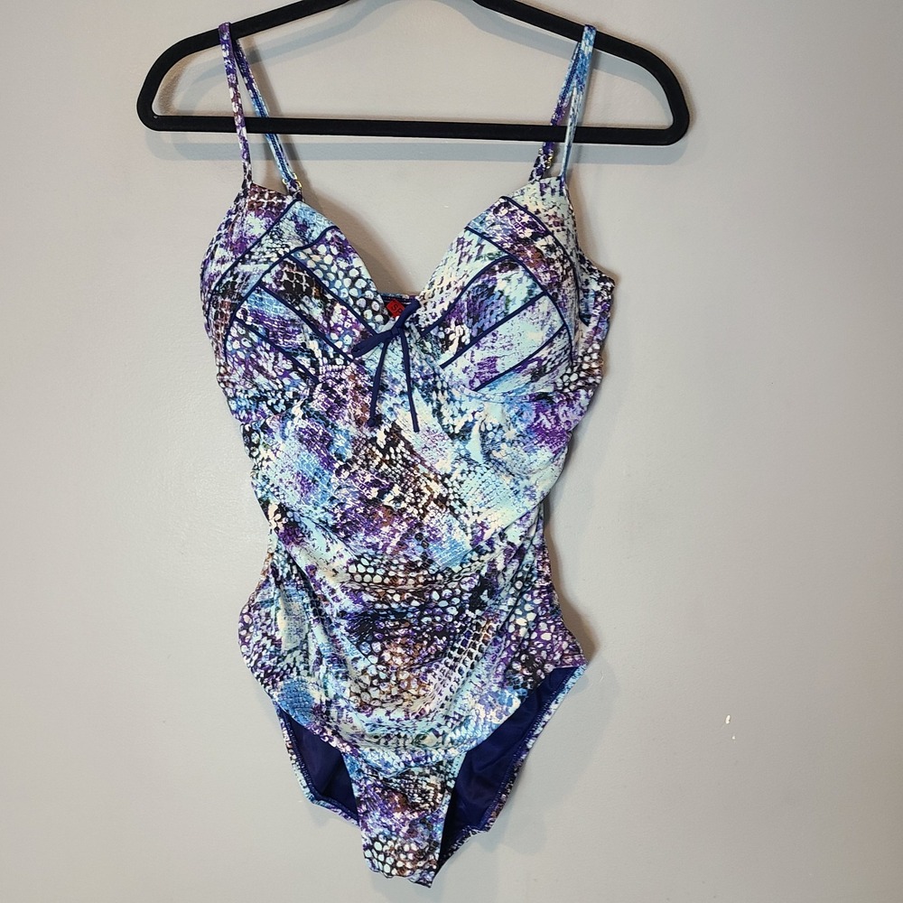 Spanx Swimsuit Women 8D/DD Blue Animal Print One Piece Ruched Shaping Swimwear